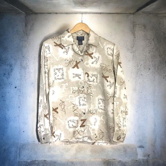 CITY SILK Button Down Long Sleeve Ivory Beige Tan Printed Blouse Sz M - Picture 1 of 5